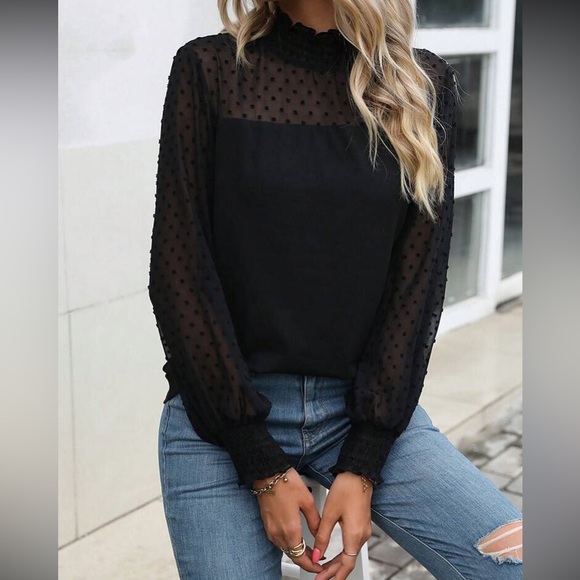 Boho black Swiss dot lantern sleeve blouse - Picture 5 of 6